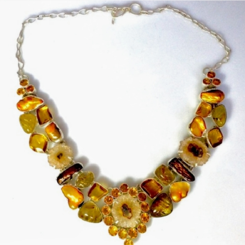 Amber and Citrine Silver Necklace